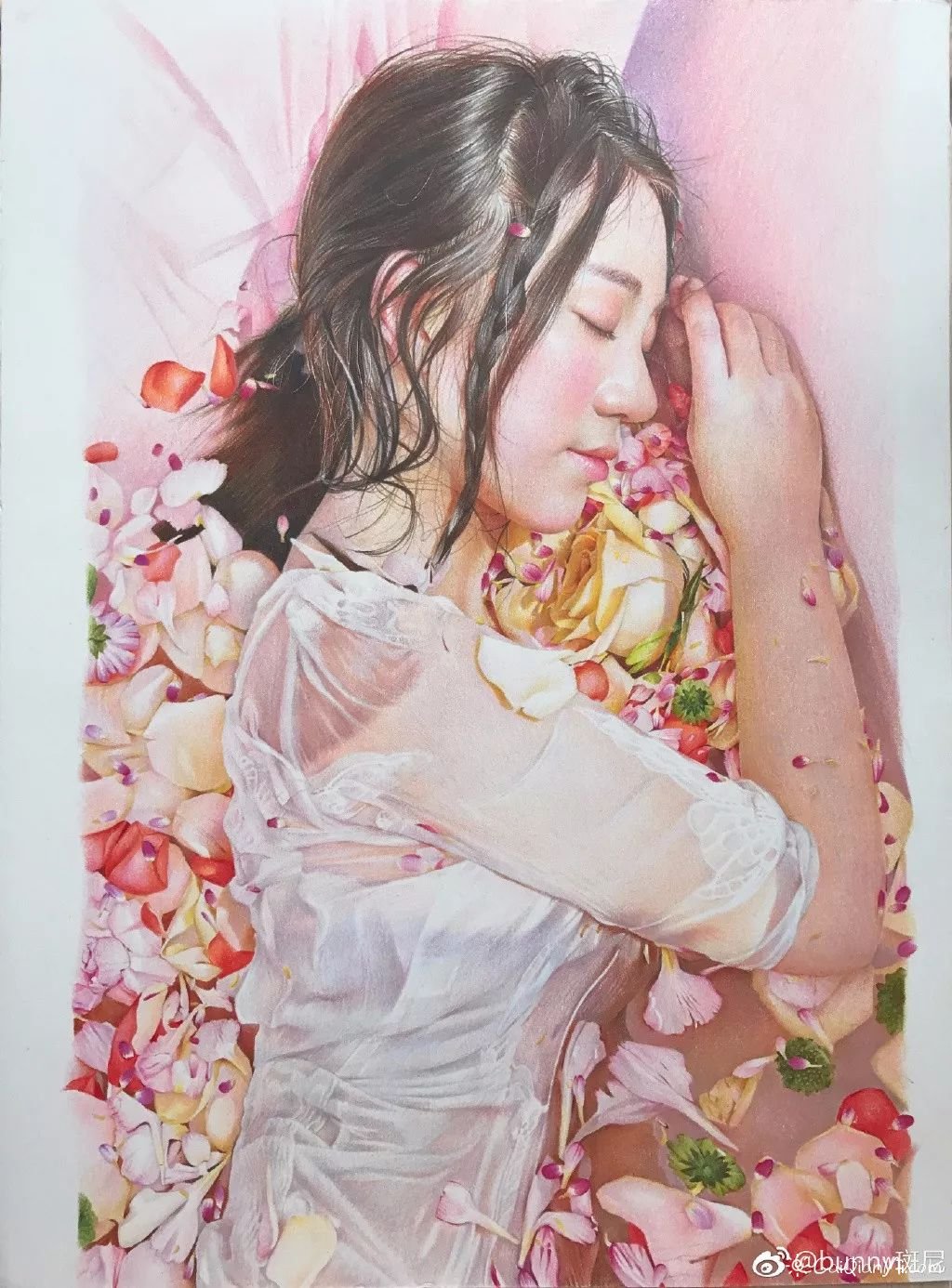 彩铅美女人物画 睡梦中的少女